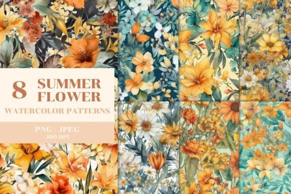 Download 8 Watercolor Summer Flower Patterns - Pattern Collection