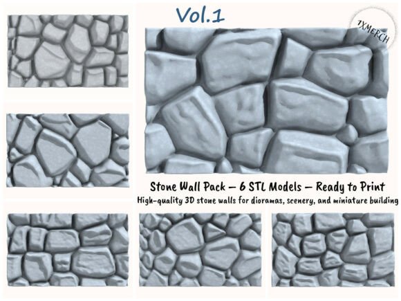Download 3D Stone Wall Pack &ndash; 6 Modular Walls for 3D Printing - Pack Collection