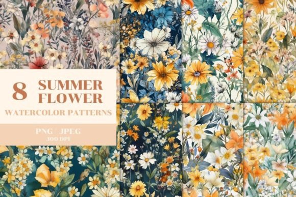 Download 8 Watercolor Summer Flowers Pattern - Pattern Collection